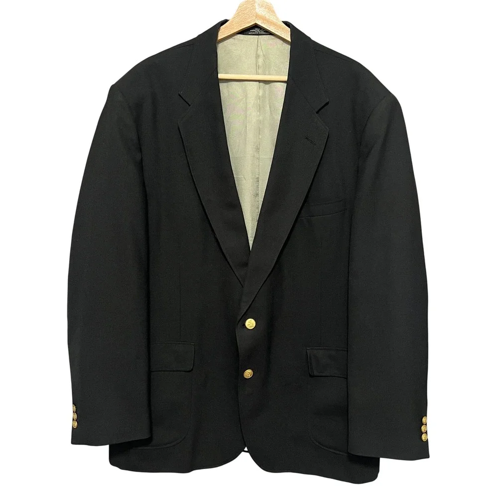 Vtg Stafford Mens Classic‎ Black Blazer 46L Long Gold Crest Buttons University